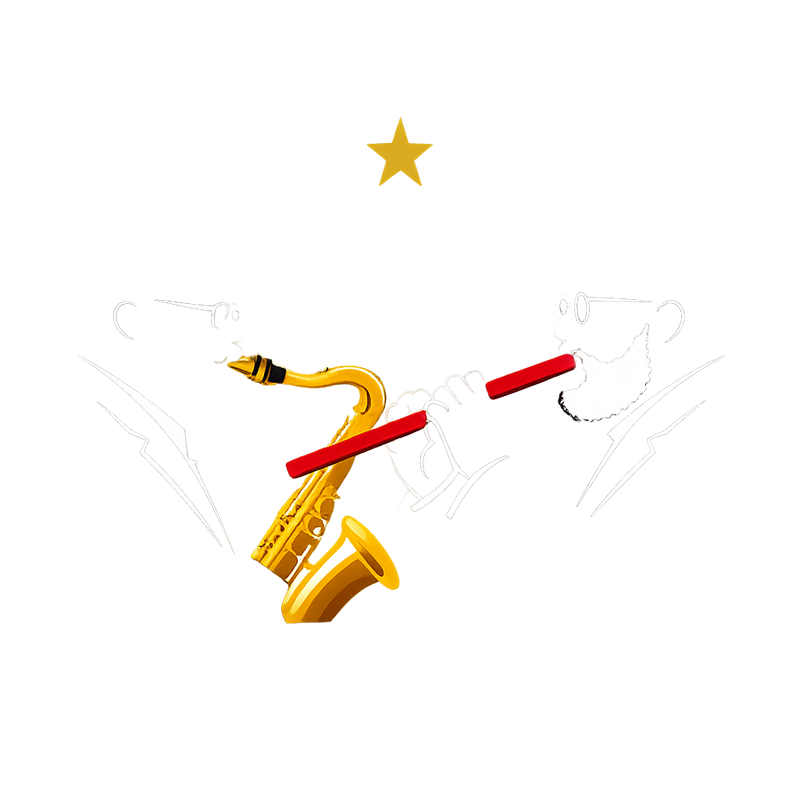 Silhouettes of BillyHorn with gold saxophone and JayBoi with red flute, gold halo star between them